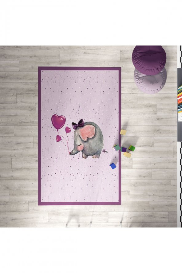 CERİTTİ Bebek ve Çocuk Odası Mor Fil Desenli Halı CRTT-010  Renkli 133 x 190 cm