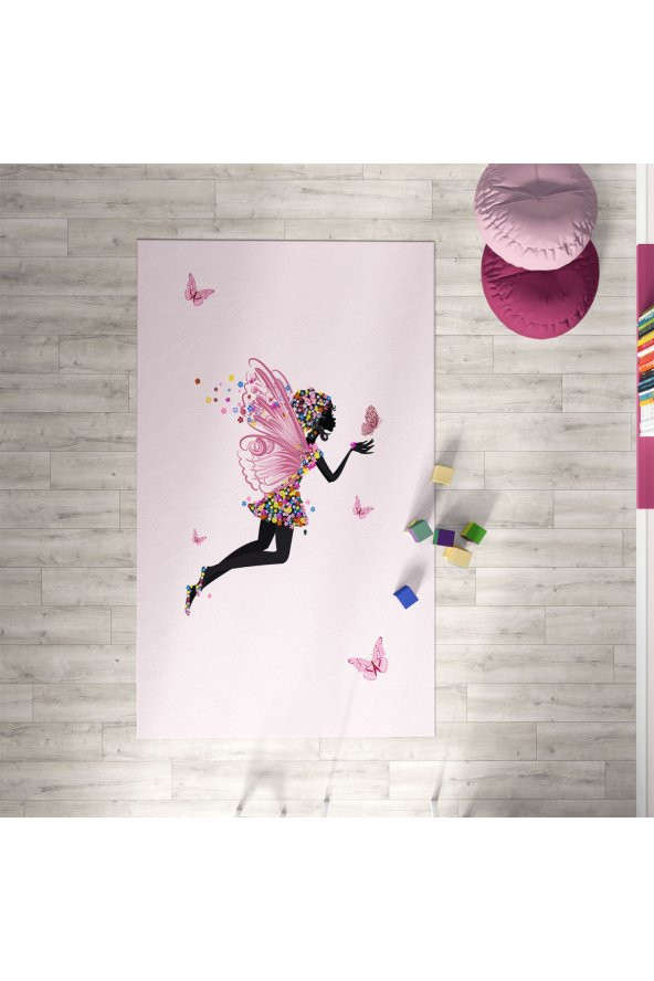 CERİTTİ Bebek ve Çocuk Odası Çiçek ve Kanatlı Peri Kız Dekoratif Antialerjik Halı CRTT-063  Renkli 80 x 150