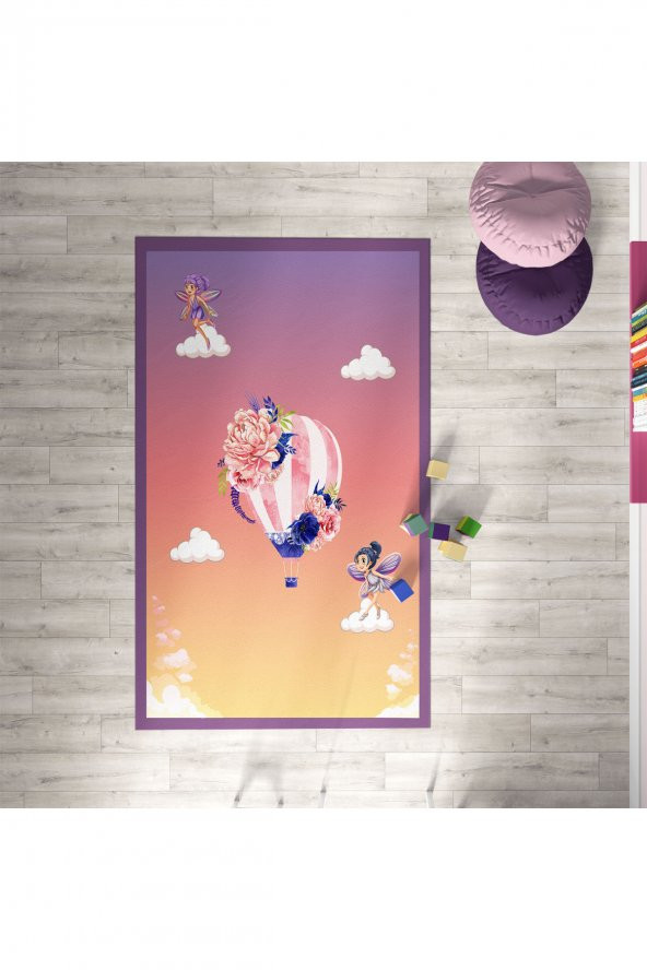 CERİTTİ Bebek ve Çocuk Odası Uçan Balon ve Peri Kız Desenli Dekoratif Antialerjik Halı CRTT-065  Renkli 100 x 200