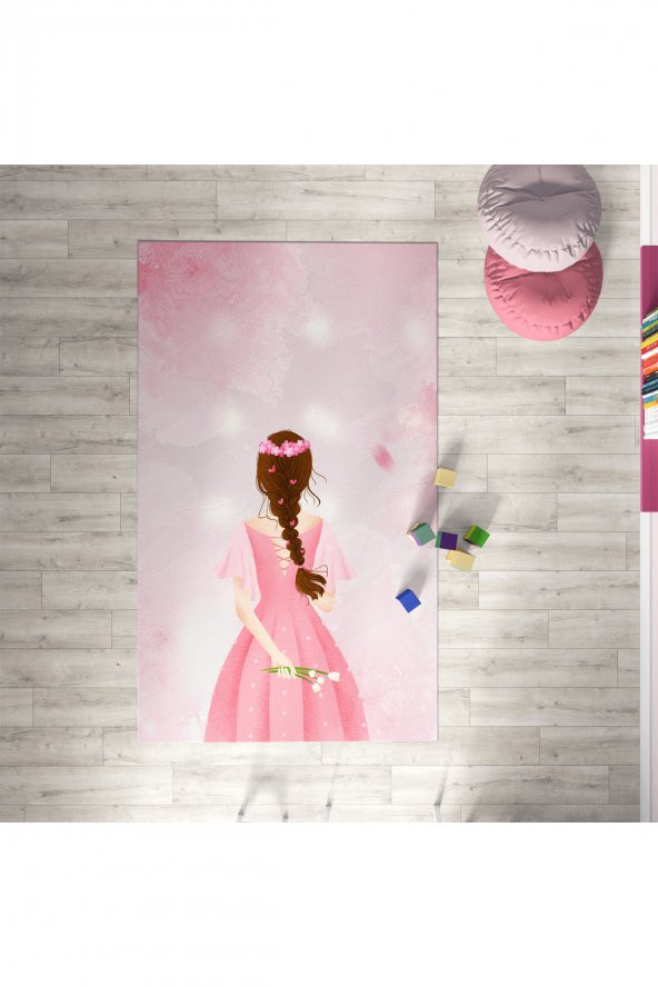 CERİTTİ Bebek ve Çocuk Odası Pembe Elbiseli Kız Dekoratif Antialerjik Halı CRTT-069  Renkli 100 x 150
