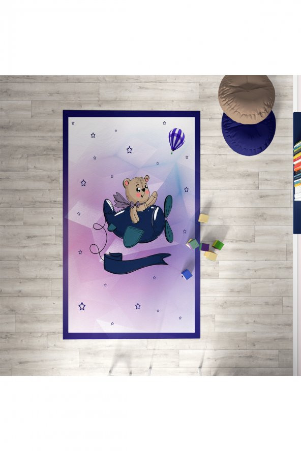 CERİTTİ Bebek ve Çocuk Odası Uçan Oyuncak Ayı Dekoratif Antialerjik Halı CRTT-073  Renkli 80 x 150