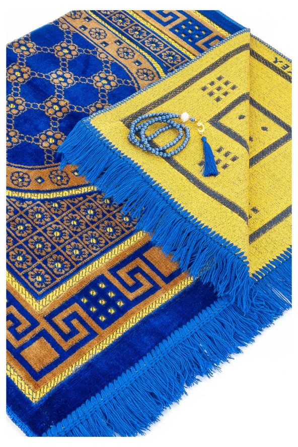 Lüks Kadife Şipinger Seccade  Tesbih Hediyeli Mavi - Resim 3