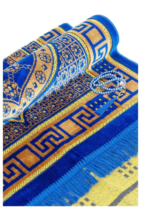 Lüks Kadife Şipinger Seccade  Tesbih Hediyeli Mavi - Resim 4