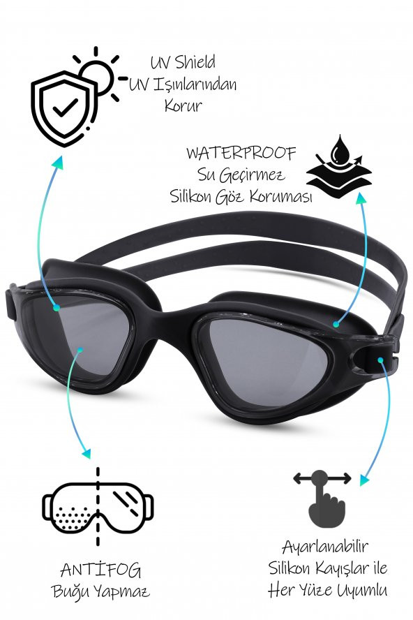 Swimmer PRO Buğu Yapmaz Antifog Yüzücü Gözlüğü Bone SET UV Korumalı Yüzme Havuz Deniz Gözlük Siyah - 3