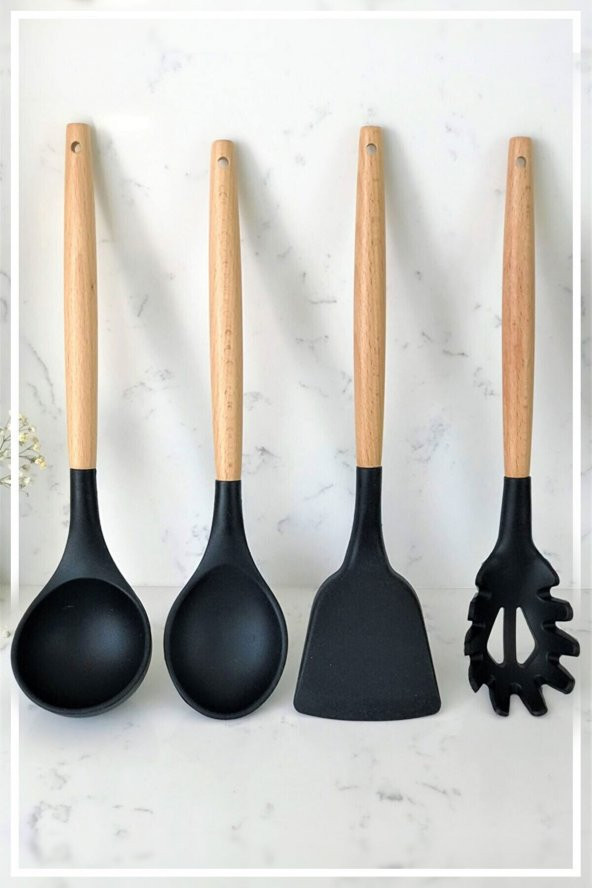 Bambu Saplı Silikon Kaşık & Kepçe & Spatula & Spagetti 4lü Set-Siyah