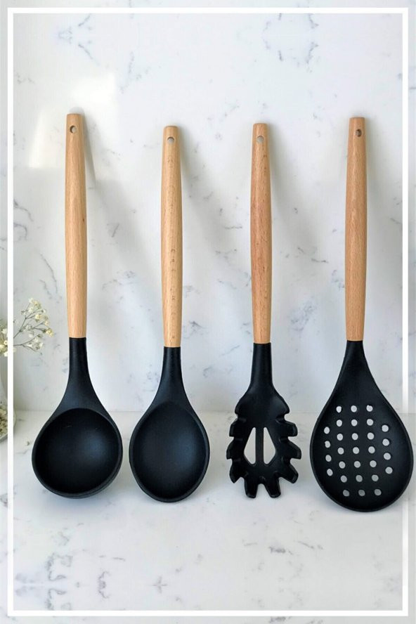 Bambu Saplı Silikon Kaşık & Kepçe & Kevgir & Spagetti 4lü Set - Siyah - 2