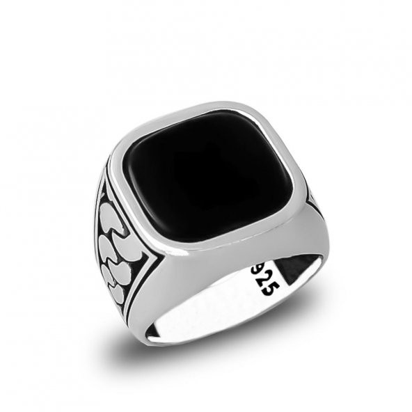 Kare Siyah Oniks Taşlı 925 Ayar Erkek Gümüş Yüzük - Resim 2
