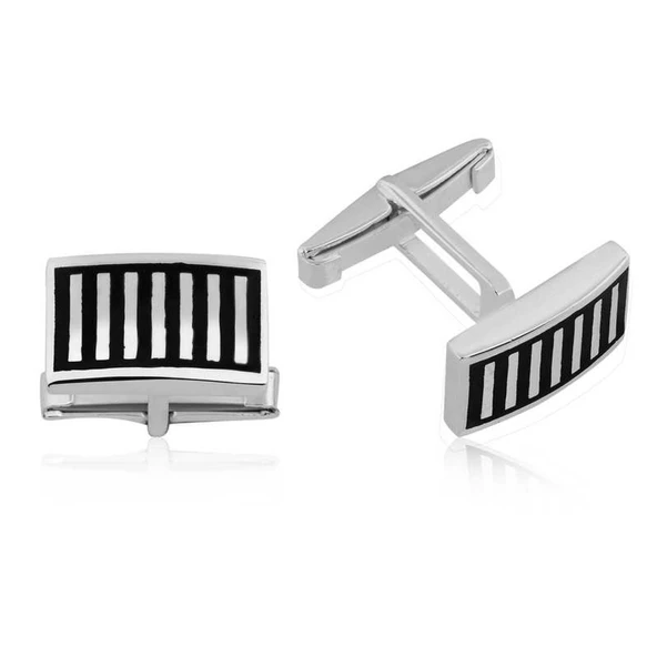 Lucky Life 925 Ayar Gumuss Siyah Çizgili Kol Düğmesi