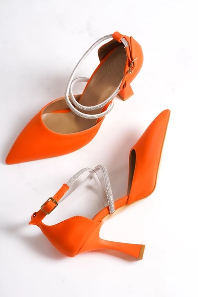 Kalice Turuncu Taşlı Stiletto Abiye Topuklu Ayakkabı