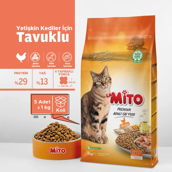 Mito 5 x 1 Kg Yetişkin Adult Kedi Maması Kapalı Paket - 5