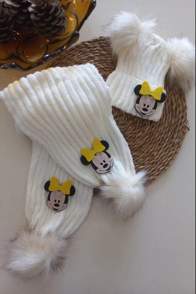 MARS BABY Kız Erkek Unisex Bebek Çocuk Krem Sarı Minnie Figürlü Ponponlu Atkı Bere Takımı