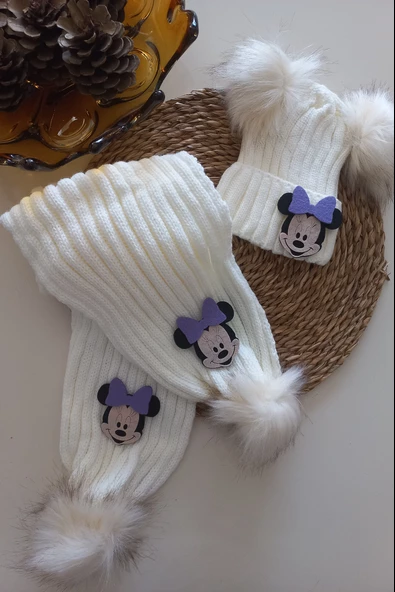 MARS BABY Kız Erkek Unisex Bebek Çocuk Krem Lila Minnie Figürlü Ponponlu Atkı Bere Takımı