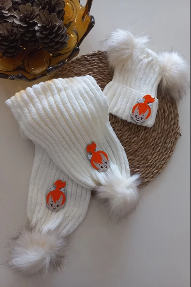 MARS BABY Kız Erkek Unisex Bebek Çocuk Ekru Krem Turuncu Çakıl Figürlü Ponponlu Atkı Bere Takımı