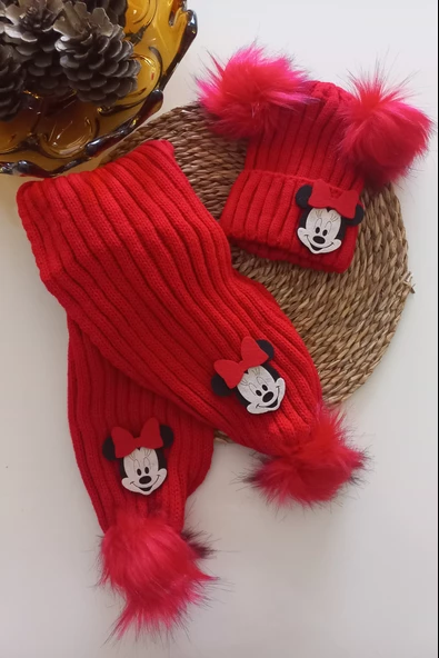 MARS BABY Kız Erkek Unisex Bebek Çocuk Kırmızı Mickey Minnie Mouse Figürlü Ponponlu Atkı Bere Takımı