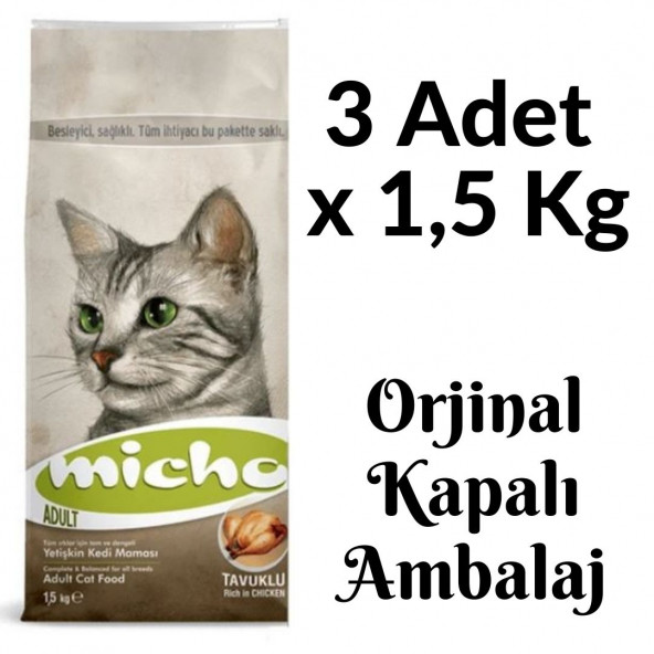 Micho 3 x 1,5 Kg Yetişkin Tavuklu Hamsili Adult Kedi Maması Kapalı Paket