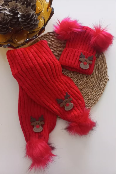 MARS BABY Kız Erkek Unisex Bebek Çocuk Kırmızı Geyik Figürlü Ponponlu Atkı Bere Takımı
