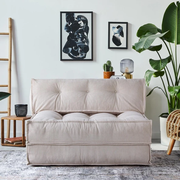 Mocca Fitilli Kadife Çift Kişilik Katlanır Yatak Katlanır Koltuk Krem Çift