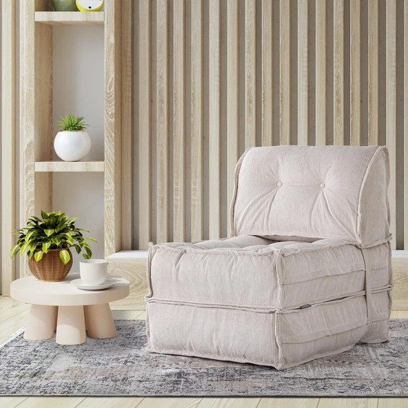 Mocca Fitilli Kadife Tek Kişilik Katlanır Yatak Katlanır Koltuk  Krem Tek ürün görseli 1