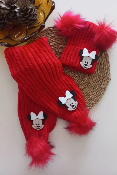 MARS BABY Kız Erkek Unisex Bebek Çocuk Beyaz Mickey Minnie Kırmızı Ponponlu Atkı Bere Takımı
