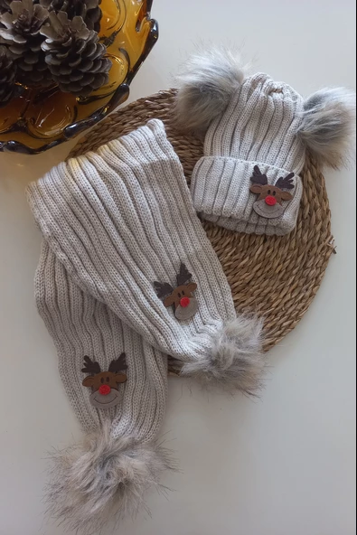 MARS BABY Kız Erkek Unisex Bebek Çocuk Bej Geyik Figürlü Ponponlu Atkı Bere Takımı