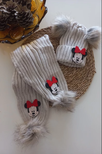 MARS BABY Kız Erkek Unisex Bebek Çocuk Bej Kırmızı Mickey Minnie Ponponlu Atkı Bere Takımı