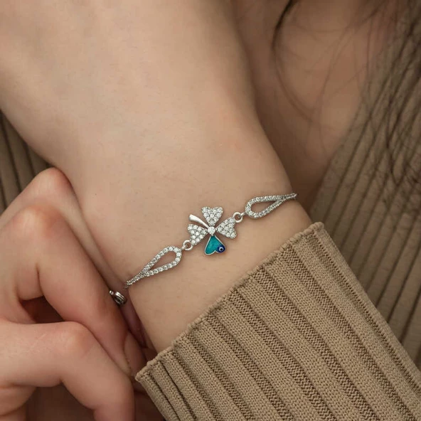 Lucky Life 925 Ayar Gumuss Nazarlı Yonca Bileklik - 4