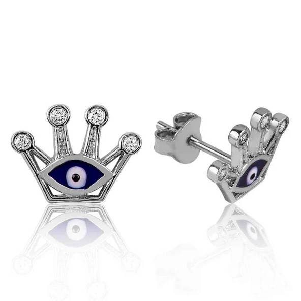 Lucky Life 925 Ayar Gumuss Nazarlı Kraliçe Tacı Çivili Küpe
