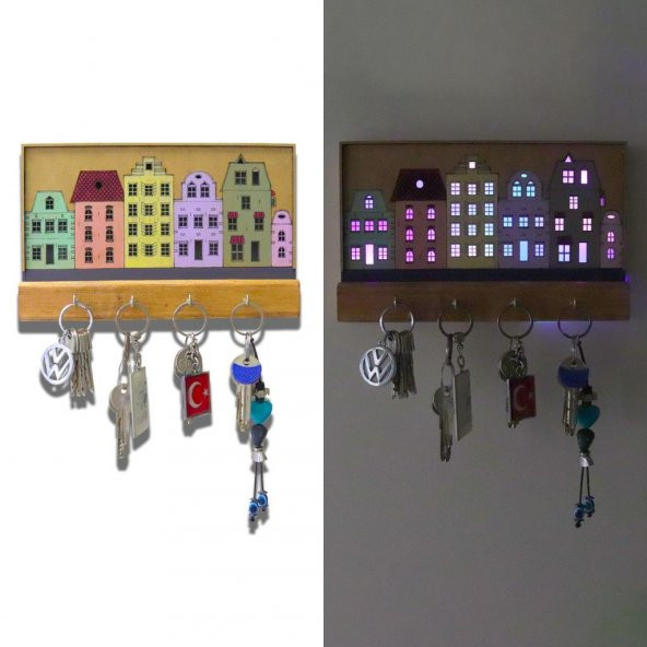 Veraart Işıklı Dekoratif Şehir Temalı Ahşap Organizer Anahtar Askılığı - 3