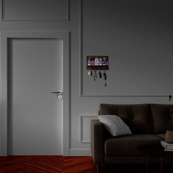Veraart Işıklı Dekoratif Şehir Temalı Ahşap Organizer Anahtar Askılığı - 5