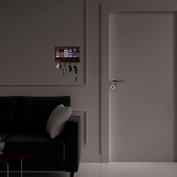 Veraart Işıklı Dekoratif Şehir Temalı Ahşap Organizer Anahtar Askılığı - 6