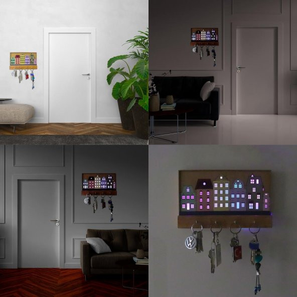 Veraart Işıklı Dekoratif Şehir Temalı Ahşap Organizer Anahtar Askılığı - 7