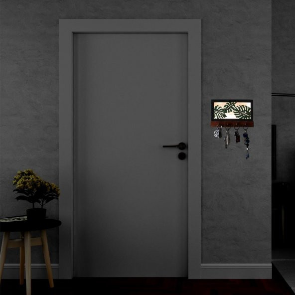 Veraart Işıklı Dekoratif Yaprak Temalı Ahşap Organizer Anahtar Askılığı - 5