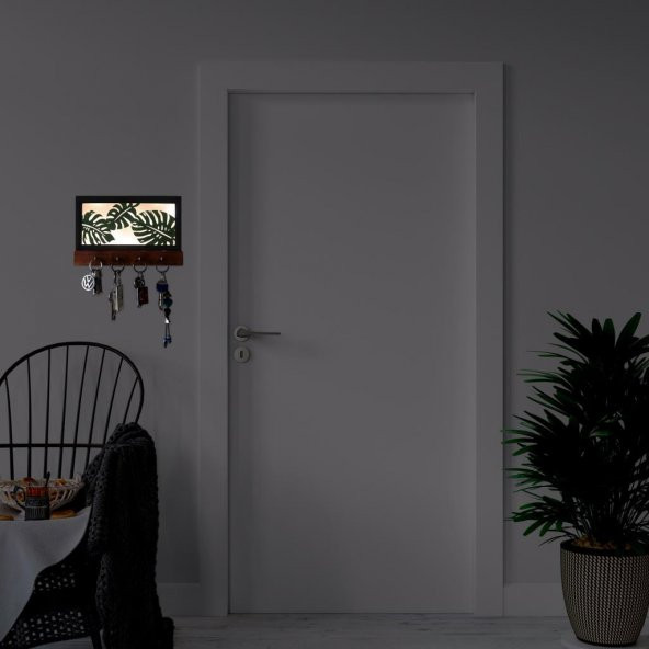 Veraart Işıklı Dekoratif Yaprak Temalı Ahşap Organizer Anahtar Askılığı - 7
