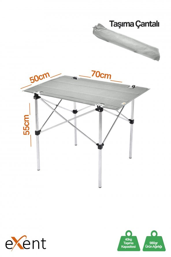 Exent 50x70 cm Kamp Masası Katlanabilir Masa, Piknik Bahçe Balkon Plaj Masası, Taşıma Çantalı Masa-GRİ