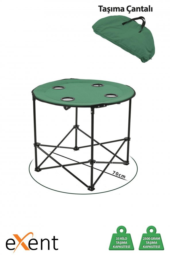 70 x 60 cm Yuvarlak Katlanır taşıma çantalı kamp masası, piknik masası-Yeşil