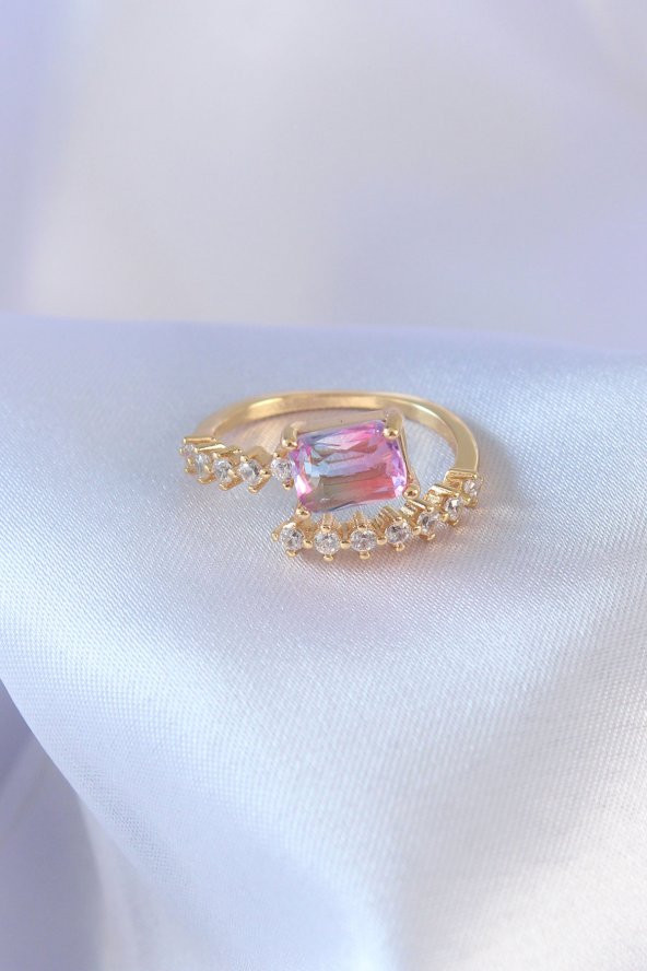 Gold Renk Pembe Kare Zirkon Taş Model Pirinç Kadın Yüzük - Resim 2