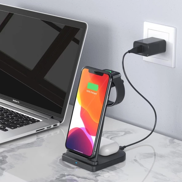 Polham 15W 3in1 Kablosuz Şarj Standı, Telefon, Saat ve Kulaklık Şarj İstasyonu, Ultra Hızlı - 3