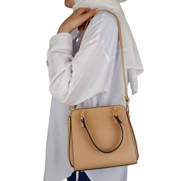 Bagacar 828 Camel Suni Deri Bayan Çapraz El ve Omuz Çantası - 2