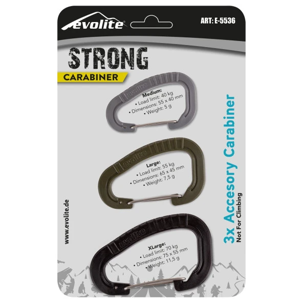 Evolite Strong 3'lü Karabina Seti - Siyah/Haki/Gri ürün görseli