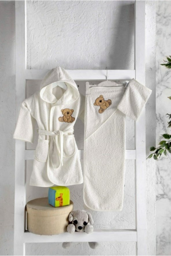 Mixibaby Krem 3 Parça Bebek Bornoz Seti