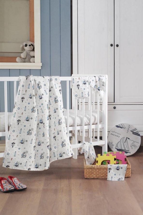 Müslin Bebek Battaniye + Ağız Bezi (4 Lü) 120*120, Mavı, Ruyan - 2