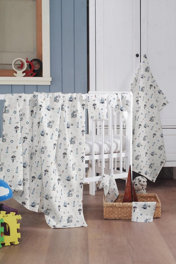 Müslin Bebek Battaniye + Ağız Bezi (4 Lü) 120*120, Mavı, Ruyan