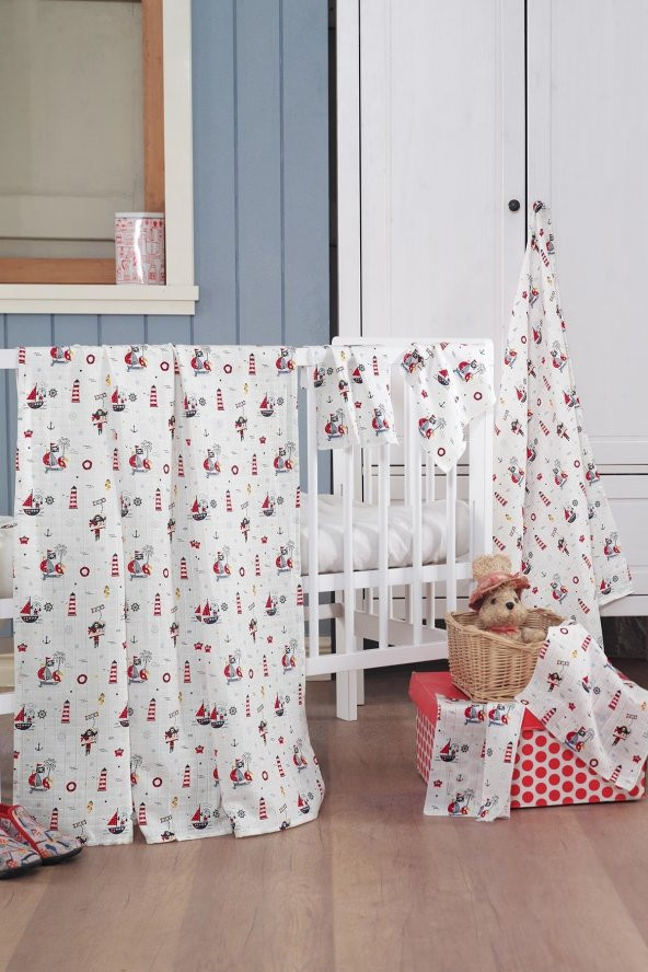 Müslin Bebek Battaniye + Ağız Bezi (4 Lü) 120*120, Kırmızı, Ruyan