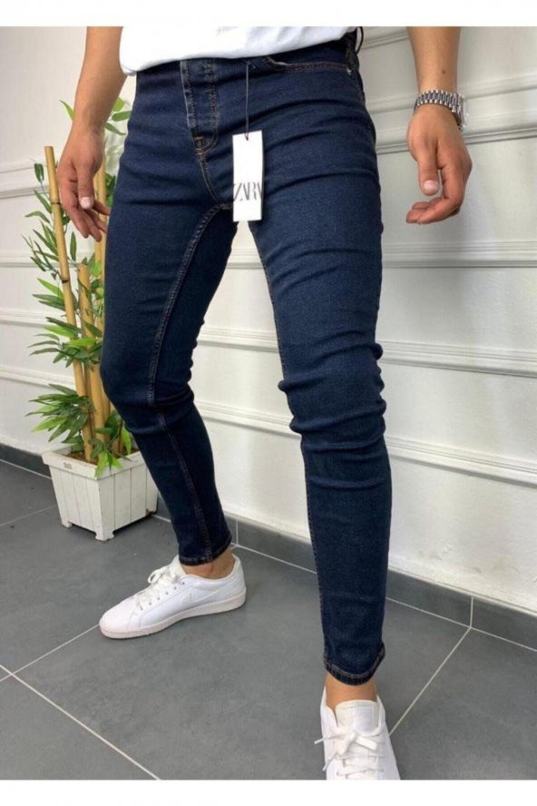 Erkek Lacivert Skinny Fit Jeans Pantolon Likralı Bilek Kalıp Kot