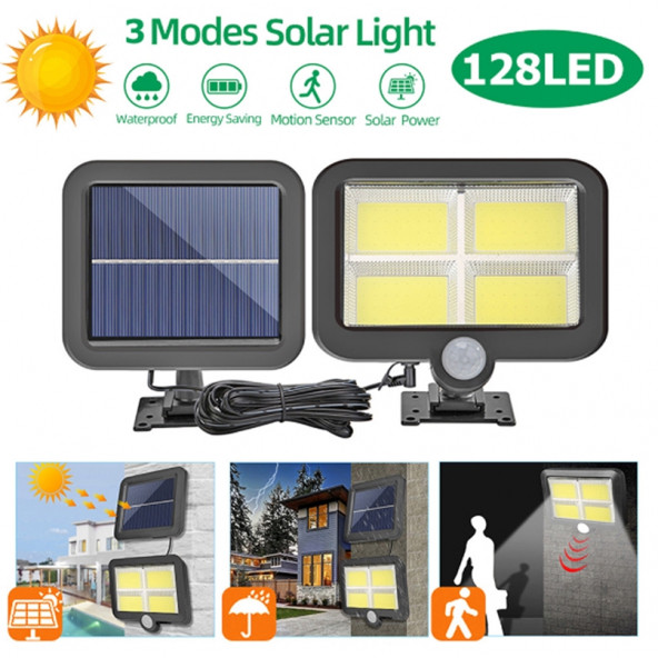 F128 Cob Led Güneş Enerjili 3 Mod Sensörlü 5 Metre Kablolu Kaliteli Sensörlü Solar Sokak Lambası ürün görseli 1