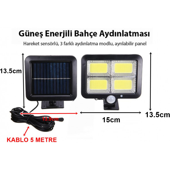 F128 Cob Led Güneş Enerjili 3 Mod Sensörlü 5 Metre Kablolu Kaliteli Sensörlü Solar Sokak Lambası - Resim 7