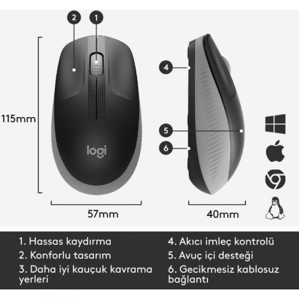 Logitech M190 Kozak Gri Büyük Boy Kablosuz Mouse - 3