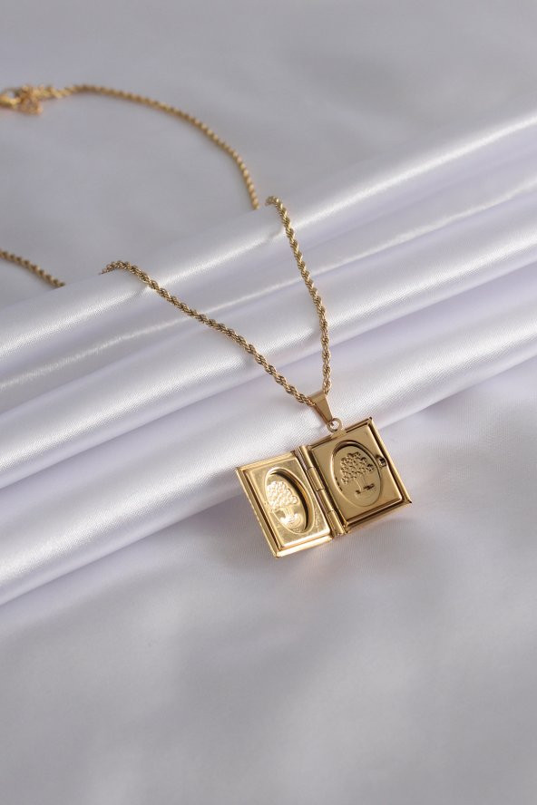 Erb 316L Çelik Gold Renk Kare Model Fotoğraf Koyulabilen İşlemli Kadın Kolye - 1