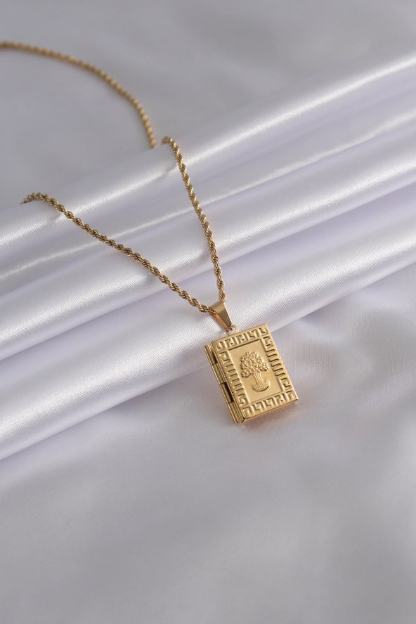 Erb 316L Çelik Gold Renk Kare Model Fotoğraf Koyulabilen İşlemli Kadın Kolye - 2