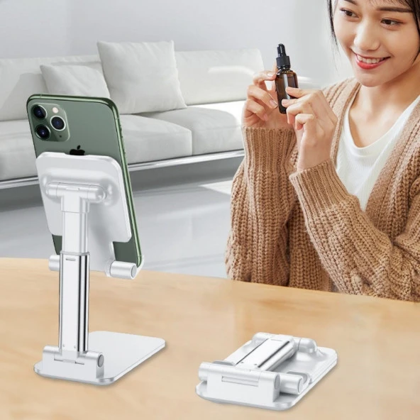 nefertiya Beyaz Aynalı Cep Telefonu Sabitleyici Stand Katlanabilir Ayarlanabilir Telefon Standı